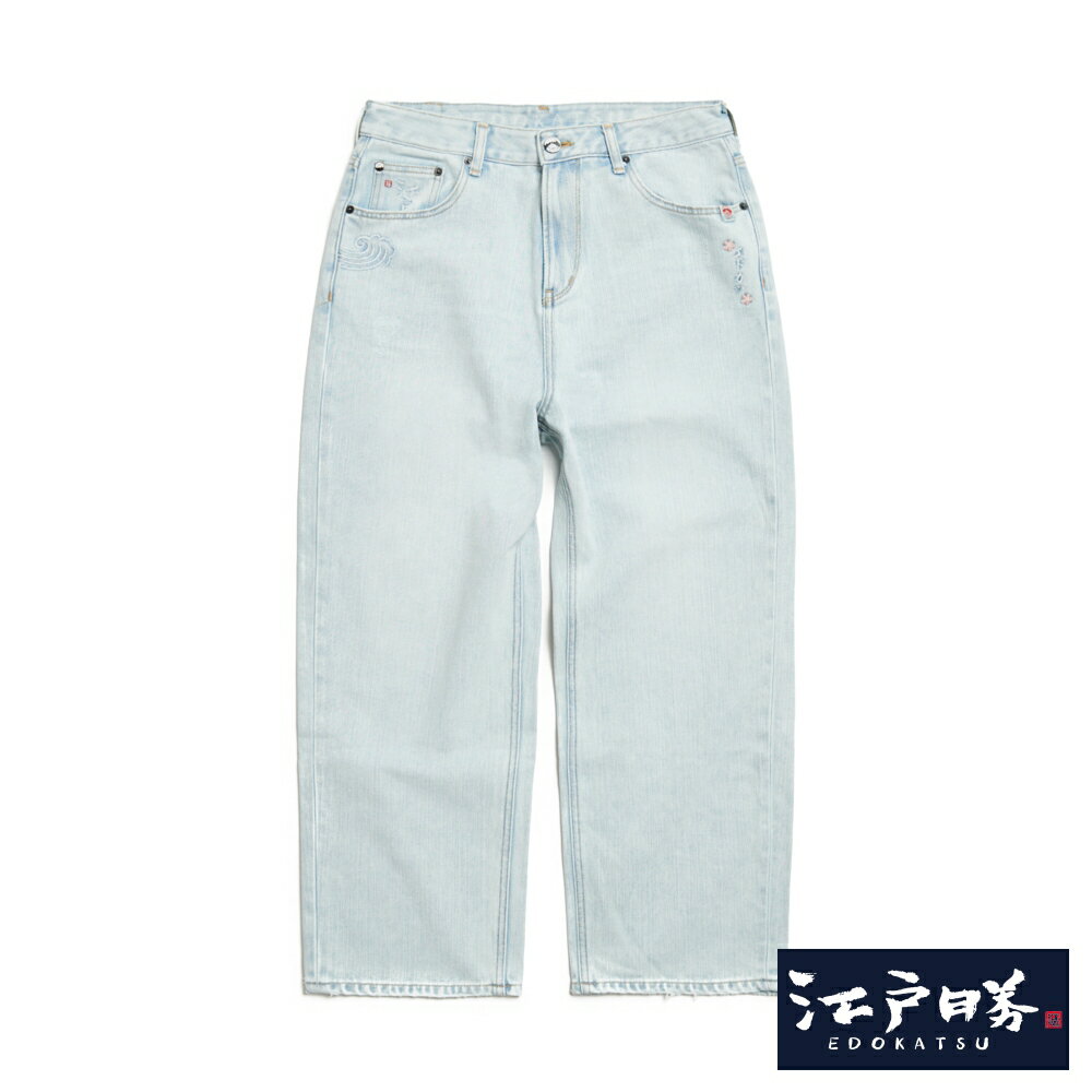 EDOKATSU江戶勝 男款 石洗雪花丹寧直筒褲 (重漂藍)