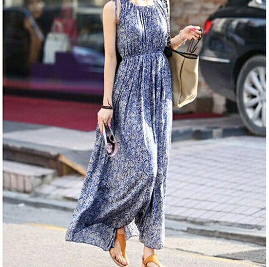 韓系甜美無袖藍底碎花洋裝【1088F】