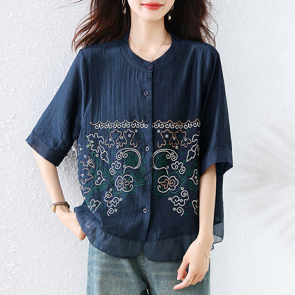 ＊ORead＊韓版刺繡雪紡上衣(藍色L~5XL)