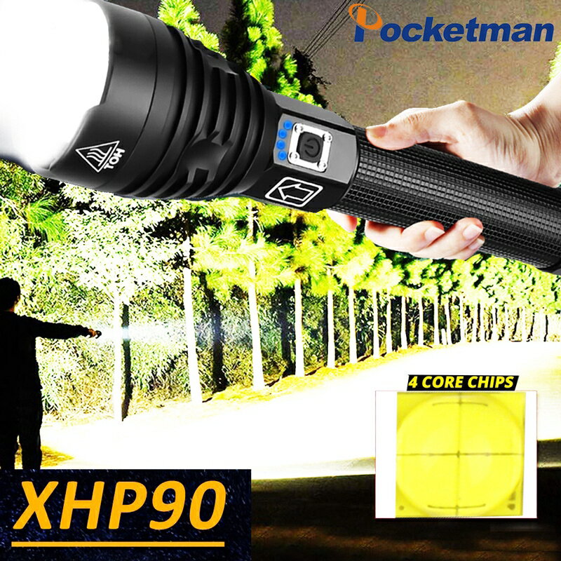XHP90 LED手電筒變焦USB充電XHP70.2電源顯示強大的XHP 50手電筒18650 26650手持燈