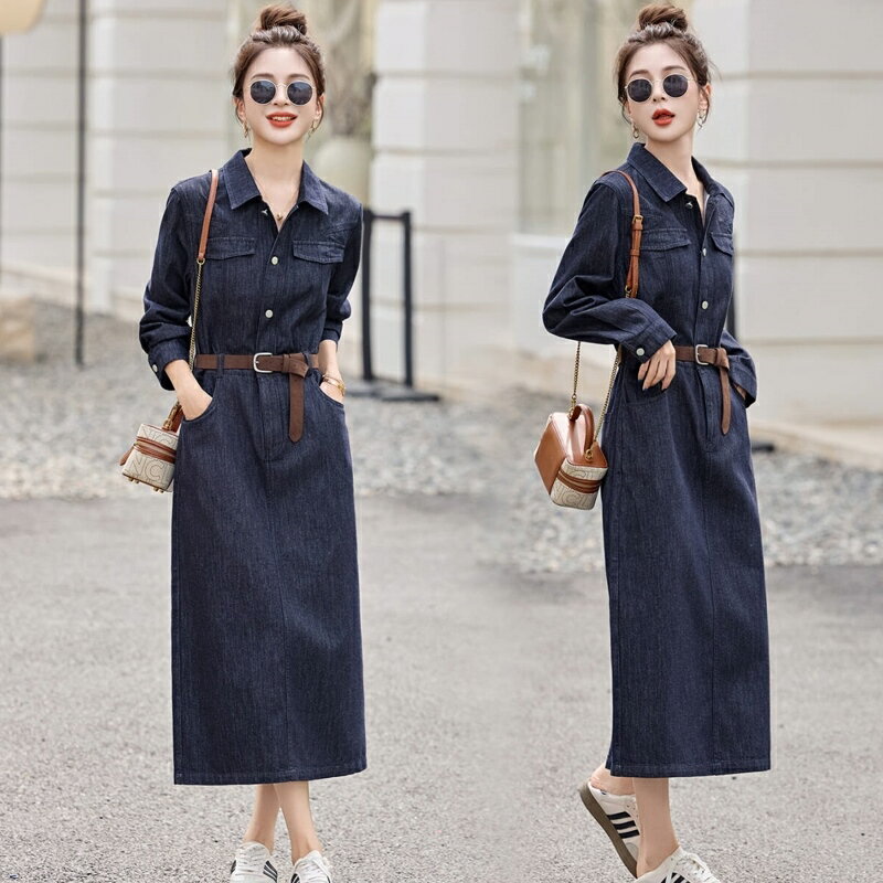 【巴黎精品】現貨+預購 韓風牛仔洋裝牛仔長裙丹寧套裝大碼休閒女裝-長袖復古皮帶牛仔連身裙a1ln42