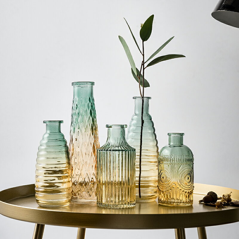 ins簡約創意家居復古花瓶餐桌擺件客廳干花插花輕奢玻璃透明