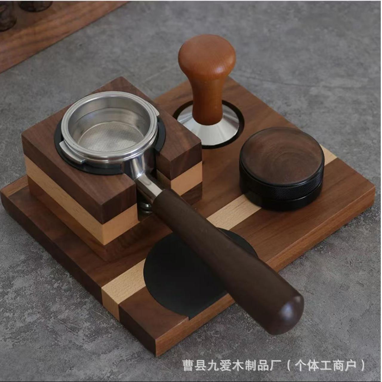 胡桃木咖啡壓粉套裝布粉器壓粉錘收納底座咖啡粉渣盒一體式收納盒【北歐家居生活】