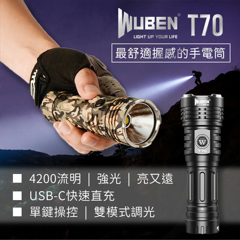 【錸特光電】WUBEN T70 4200流明 強光USB直充手電筒 CREE XHP70 26650 18650 鋰電池
