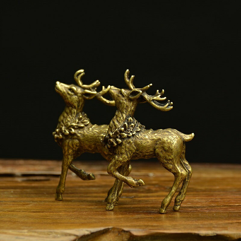袖珍銅鹿小擺件實心黃銅小鹿手把件銅對鹿古玩銅器仿古銅微雕老銅
