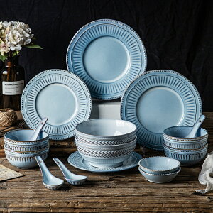 碗碟套裝家用做舊復古浮雕工藝餐具創意個性法式西餐盤陶瓷藍色碗