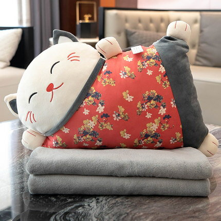日式招財貓抱枕被子兩用沙發靠背墊辦公室座椅護腰靠墊汽車腰枕毯」