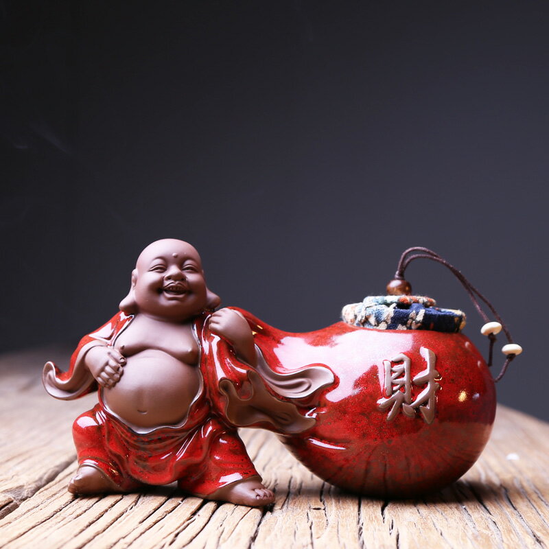 彌勒佛茶葉罐小號紫砂茶具茶葉包裝盒陶瓷創意復古散裝茶葉密封罐1入