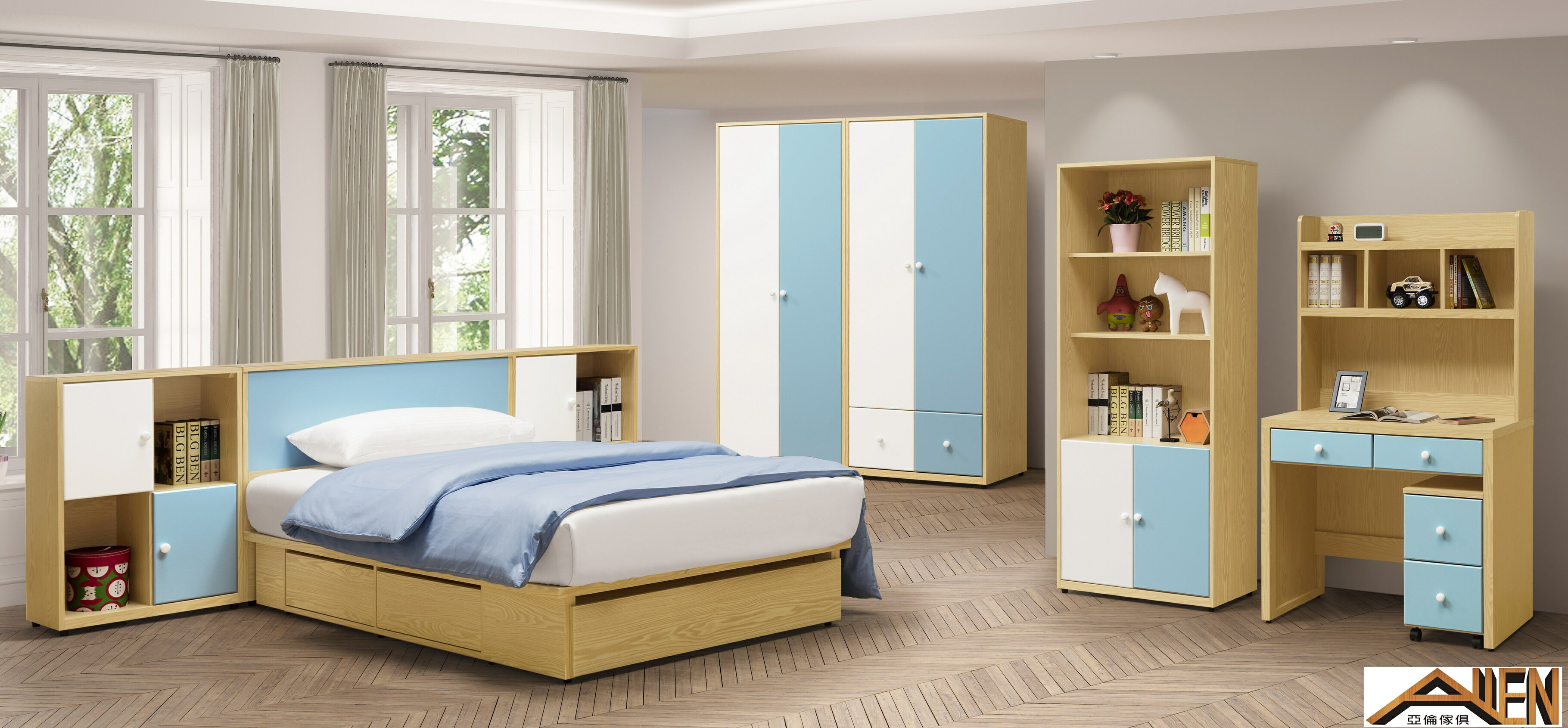 亞倫傢俱*傑蘿3.5尺床頭箱 藍色 1