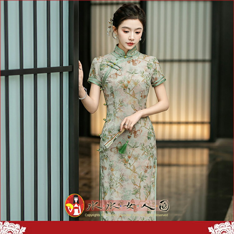 中國風復古長旗袍氣質優雅年輕少女顯瘦春夏新款洋裝老上海大碼長款日常宴會派對走秀必備連身裙-四季(綠色)-水水女人國