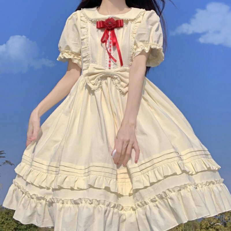 WF原創設計奶油杏洋裝Lolita可愛短袖op連衣裙女夏洋裝洛麗塔