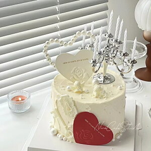 [Hare.D]現貨 珍珠愛心 立體 珍珠串心型 蛋糕 烘培 裝飾 蛋糕插牌 情人節蛋糕 求婚蛋糕 母親節