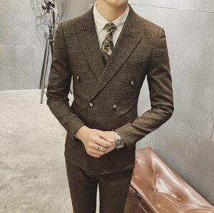 FINDSENSE品牌 韓國男 時尚格子 雙排扣 小西裝 修身西裝 西裝外套 單件外套