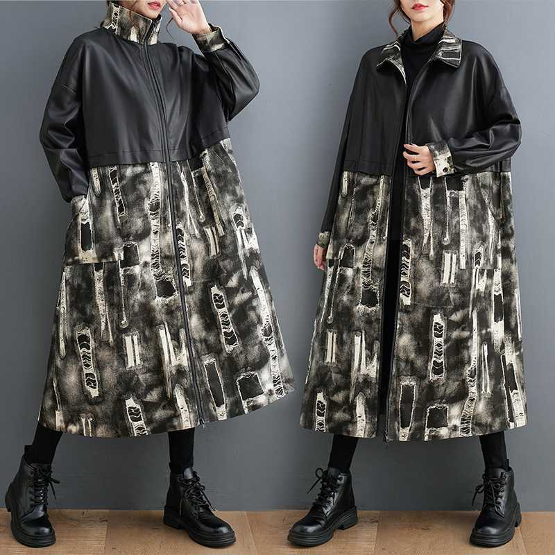 風衣長版外套-PU拼接時尚拉鍊套立領女外套黑色74jb65【米蘭精品】【獨家進口】