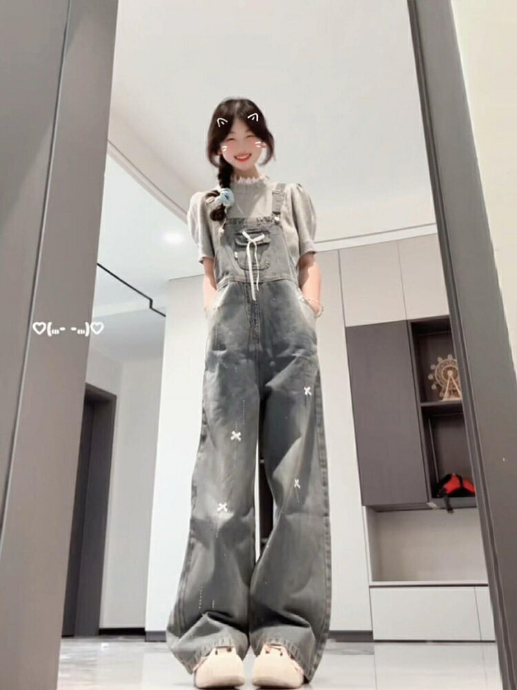 蝴蝶結蕾絲織帶燙鉆水洗牛仔背帶褲女春秋芭蕾風寬松直筒闊腿長褲【淘夢屋】