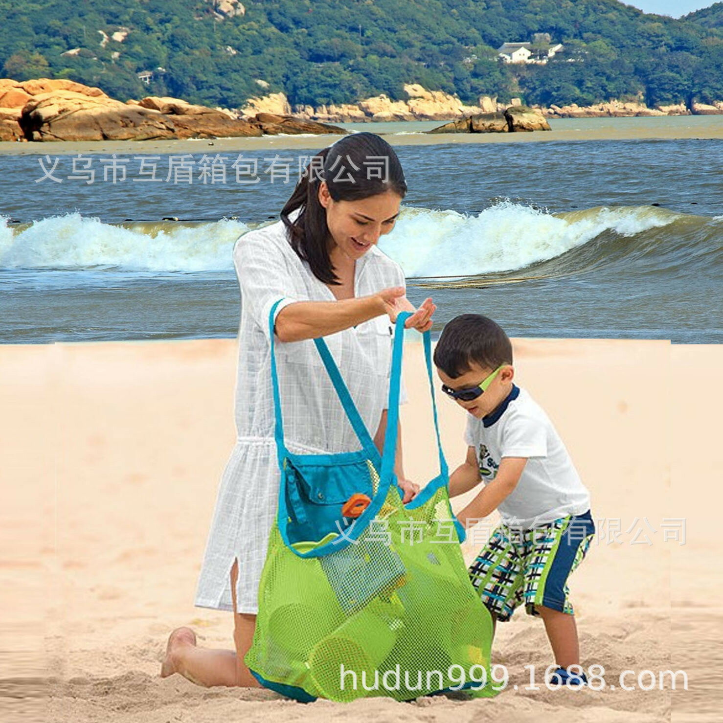 跨境戶外網格可折疊沙灘包兒童玩具快速收納袋挖沙工具雜物袋