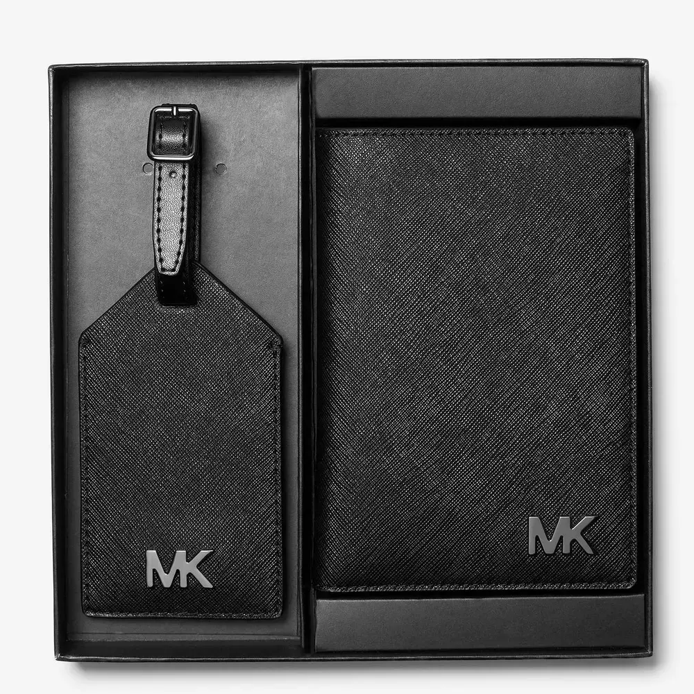 MICHAEL KORS 護照夾/行李吊牌禮盒組 十字紋防刮真皮皮革 護照套 M21004 黑色MK(現貨)▶指定Outlet商品5折起☆現貨【送禮首選★APP下單點數4倍送】