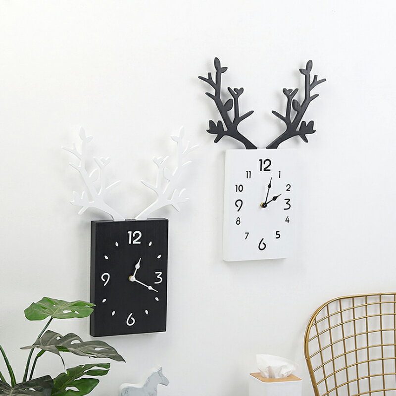 北歐裝飾創意ins鹿角鐘表客廳墻面壁掛臥室靜音時鐘木質掛表掛鐘