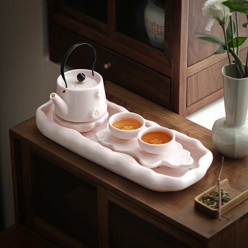 粉色捏花茶具套裝型泡茶壺茶盃日式高檔陶瓷蓄水茶盤