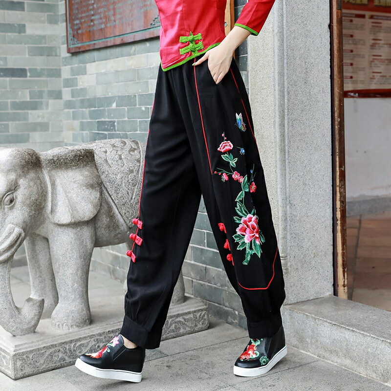 春裝新款民族風復古刺繡盤扣棉麻休閑女長褲復古大碼燈籠褲子1入