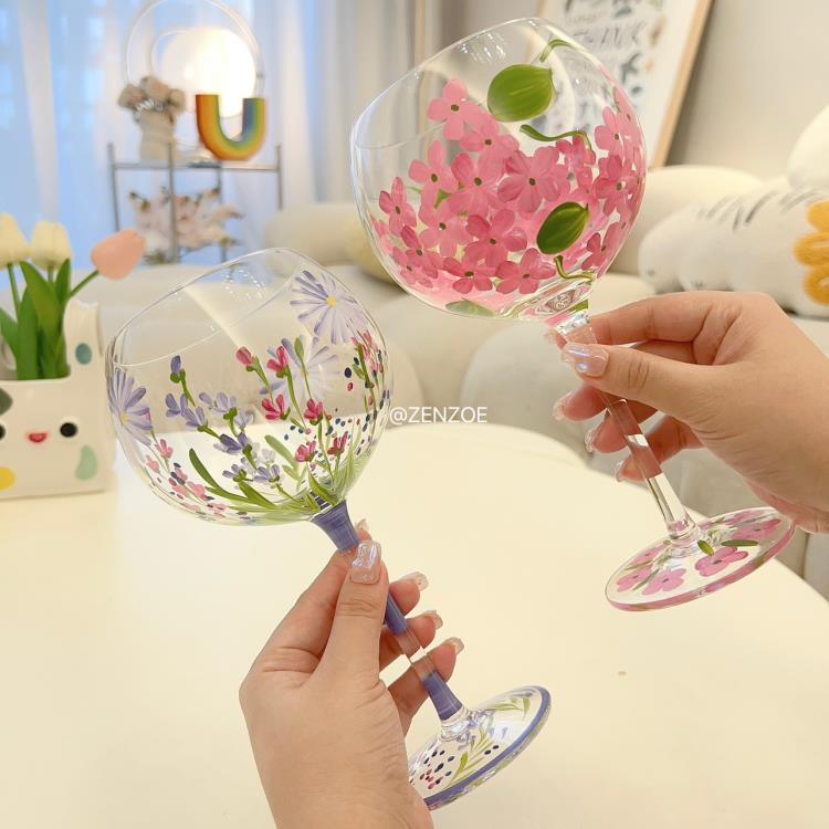 廚房用品~跨境手工手繪玻璃高腳杯小清新紅酒杯 雙11全館免運