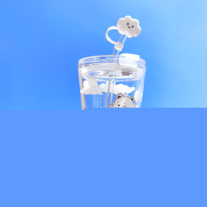 雲朵小熊玻璃水杯學生女ins簡約吸管杯清新森系夏季韓版早餐杯子