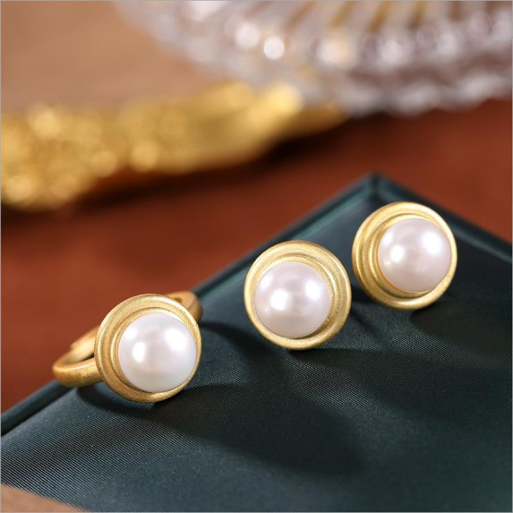 【墜享】天然和田玉白玉珍珠耳釘戒指戒S925純銀圓珠時尚流行飾品