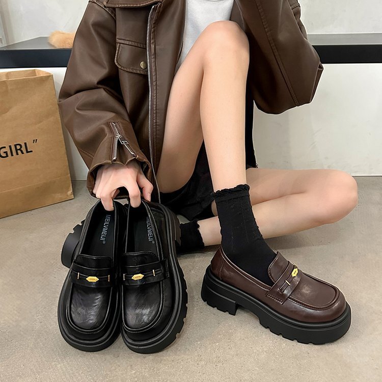 復古英倫學院風小皮鞋女2025春秋新款法式粗跟厚底一腳蹬樂福單鞋
