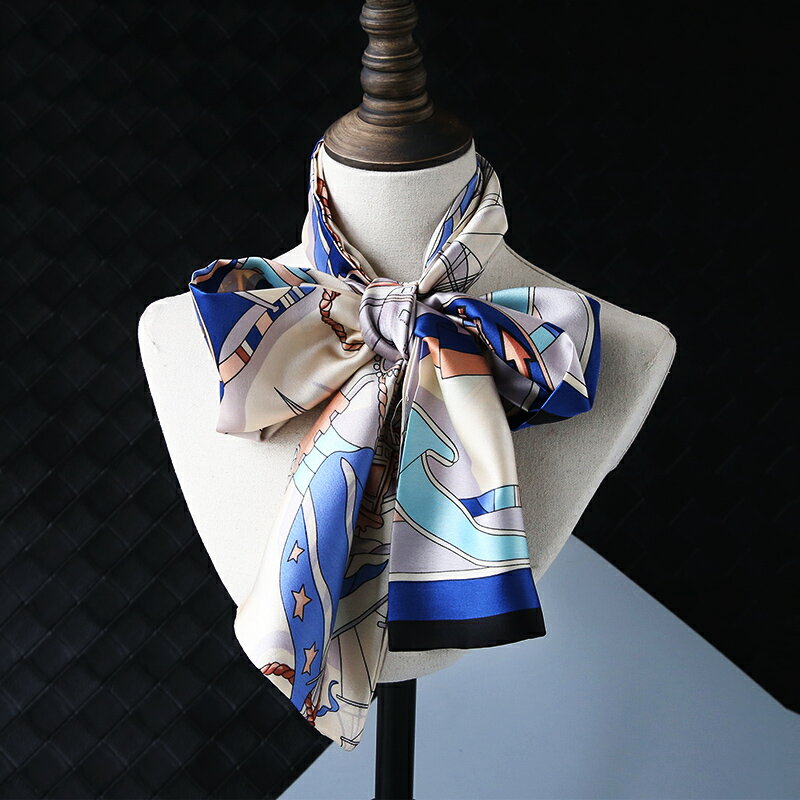 小領巾女韓國時尚優雅淺藍色帆船氣質百搭小圍巾秋款洋氣長條絲巾1入