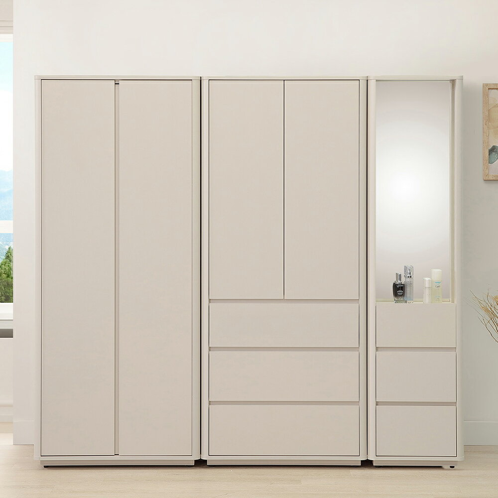 【直人木業】莫蘭迪奶油雲朵開門衣櫃組206公分(雙吊+三抽+轉角櫃)