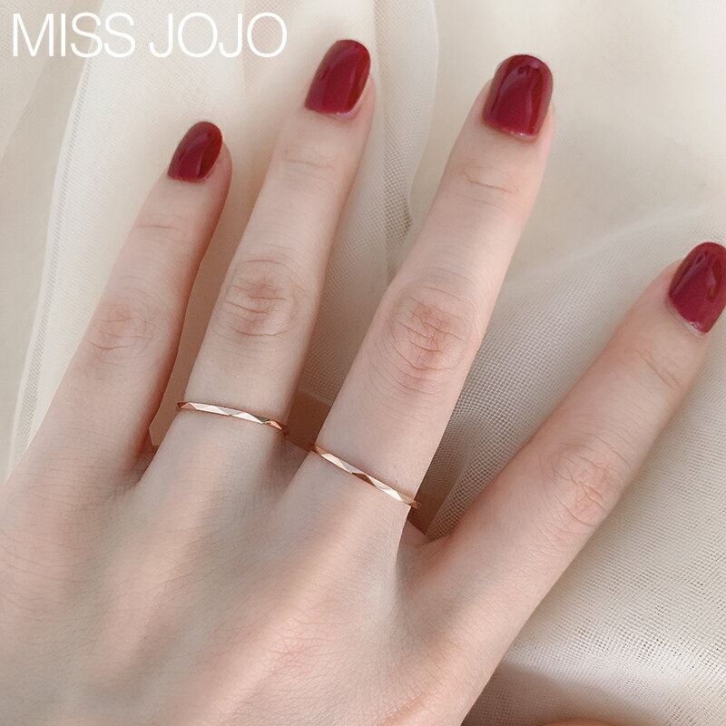 日韓版簡約個性光面菱形紋路波浪細款鈦鋼鍍18K玫瑰金戒指女尾戒