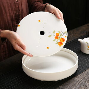 羊脂玉白瓷圓形茶盤茶具日式家用干泡臺儲水式陶瓷茶托盤