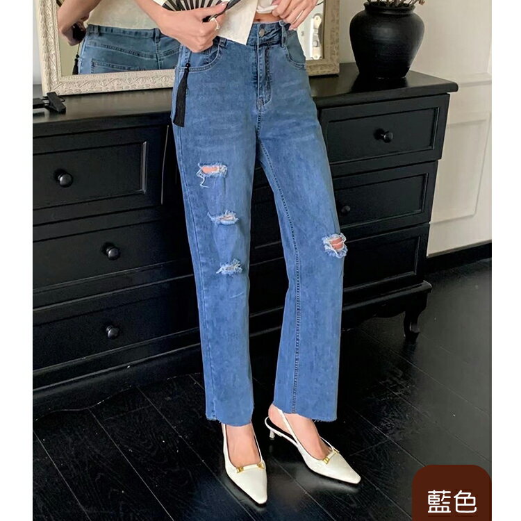 抓破寬版直筒牛仔褲(M-3L)   【B370322】 2