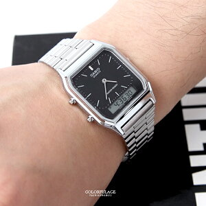 CASIO卡西歐方型黑面雙顯鋼錶【NEC46】柒彩年代