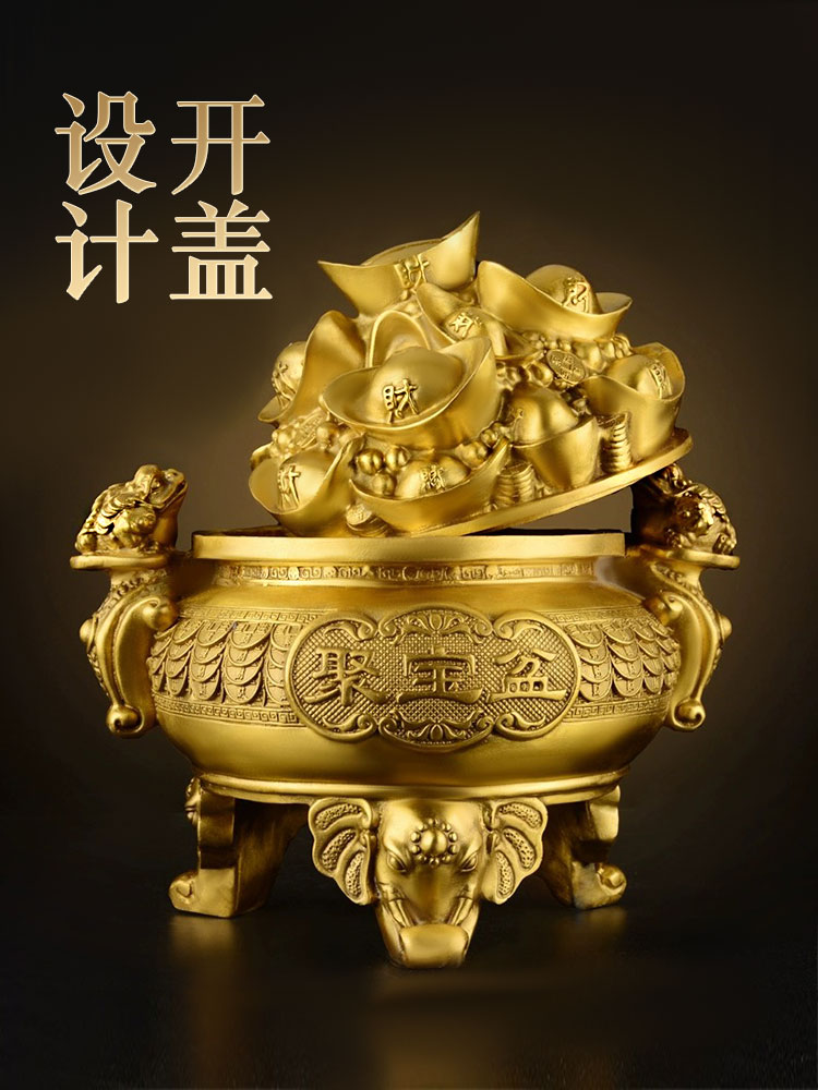 開蓋聚寶盆擺件銅金蟾元寶聚寶盆店鋪開業前臺家居客廳工藝裝飾品
