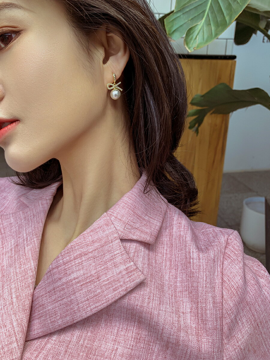 韓國簡約時尚蝴蝶結珍珠耳釘女氣質小巧耳環2020年新款潮耳飾銀針
