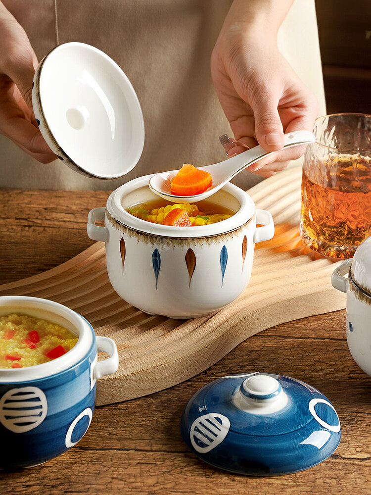 隔水燉盅日式陶瓷小湯盅帶蓋雙耳燉罐家用燕窩蒸蛋專用燉碗一人份