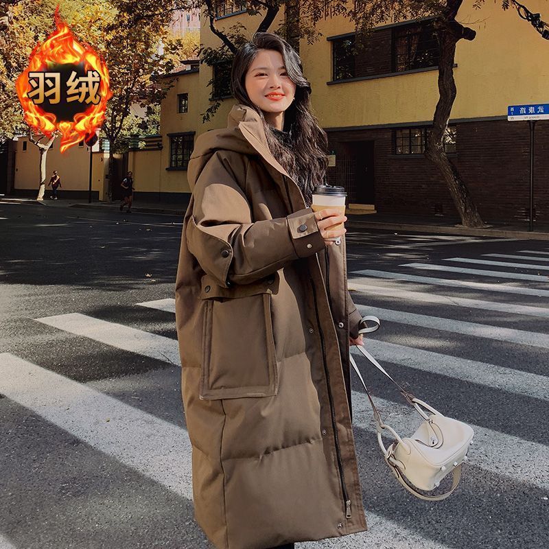 快速出貨/羽絨外套 長大衣 新款羽絨服女冬季咖啡色連帽白鴨絨中長款羽絨服韓版冬裝外套