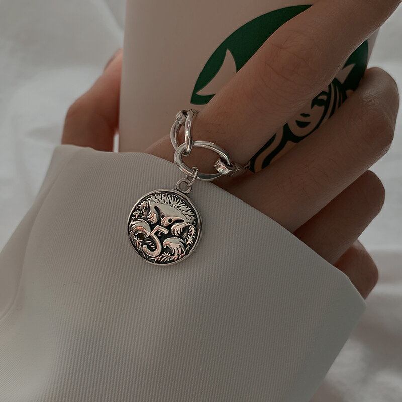 純銀復古硬幣人像戒指女泰銀做舊嘻哈食指戒酷暗黑系甜酷吊墜指環 4