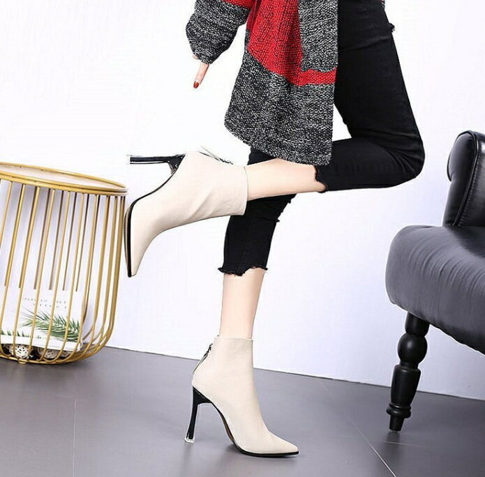 韓版 細跟短靴 高跟鞋 拉鍊好穿 尖頭靴 短靴 女鞋 細跟高跟鞋 超高跟 4