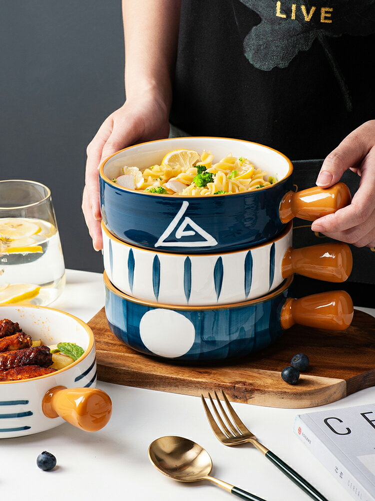 日式手把烤碗家用陶瓷泡面碗湯碗創意學生飯碗沙拉碗可愛烘焙餐具