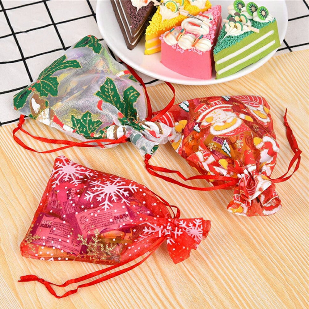 聖誕束口袋 紗布束口袋 燙金收納袋 網紗袋 禮品袋 禮物袋 抽繩袋 隨身袋 歐根紗袋 耶誕節【BlueCat】【XM1021】