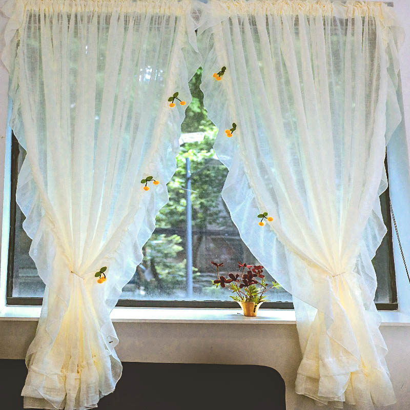 韓式免打孔荷葉邊唯美窗紗臥室飄窗半遮光紗簾成品窗簾魔術貼定制