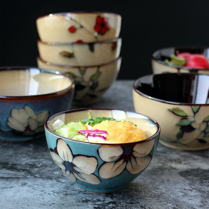 日式創意陶瓷小飯碗米飯碗手繪花朵手工碗窯變餐廳餐具個性和風碗