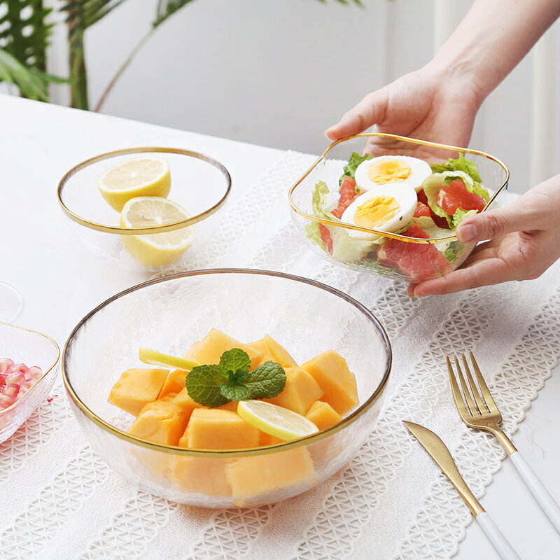 金邊玻璃碗家用耐熱透明玻璃水果沙拉碗網紅甜品碗玻璃盤子碗套裝