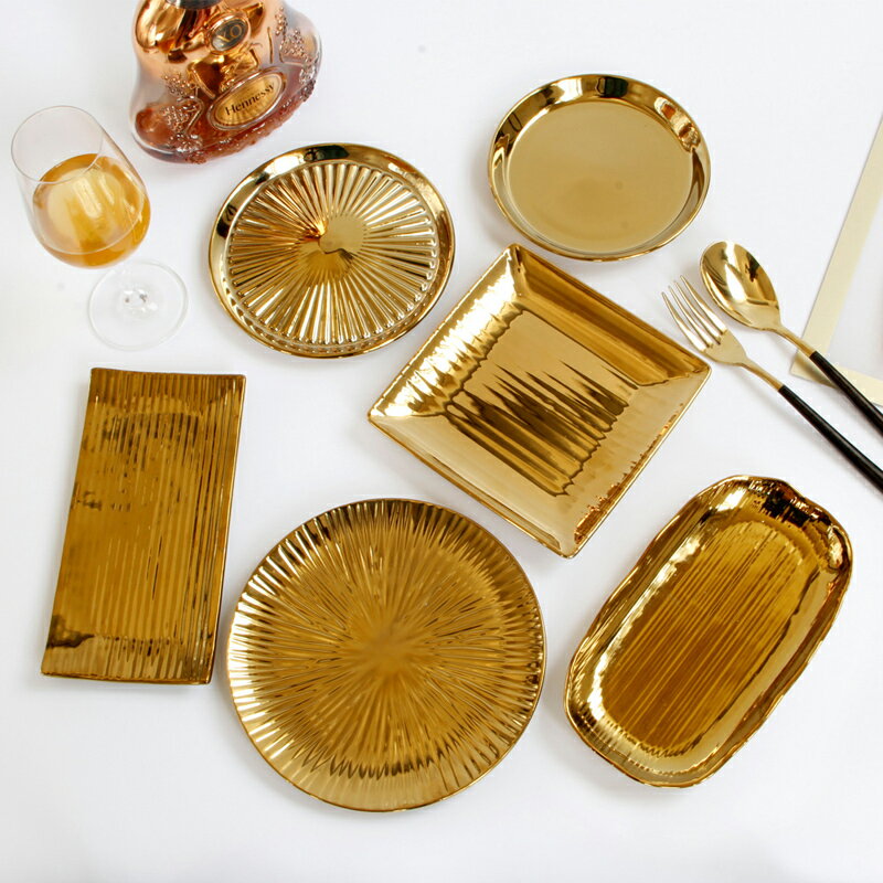 陶瓷盤子西餐盤子鍍金色高檔酒店歐式奢華金色盤子樣板間裝飾盤