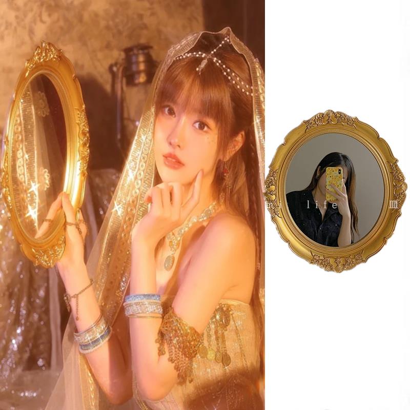 西域民族風影樓拍攝道具法式復古宮廷浮雕金色圓形鏡子化妝鏡掛墻