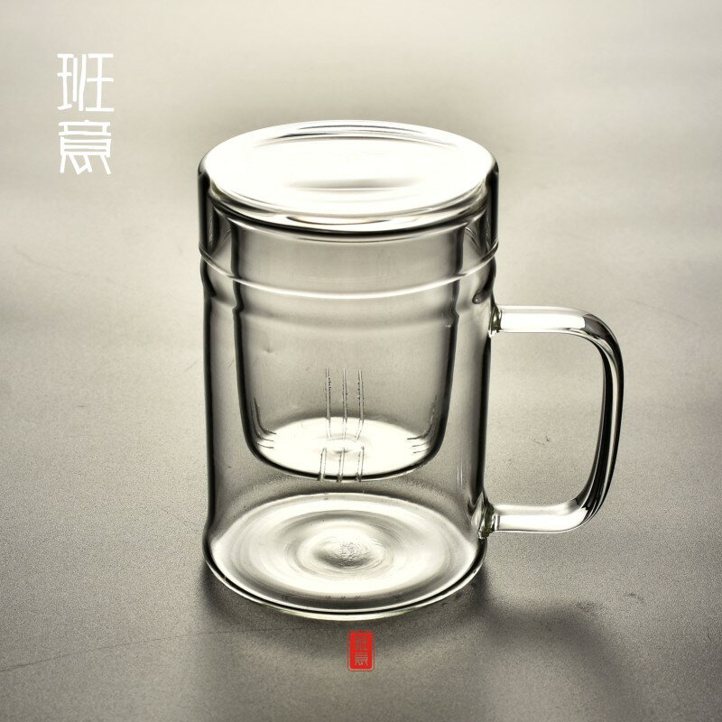 大容量透明玻璃杯錘紋帶蓋過濾泡茶杯辦公室商務男士女士杯子水杯1入