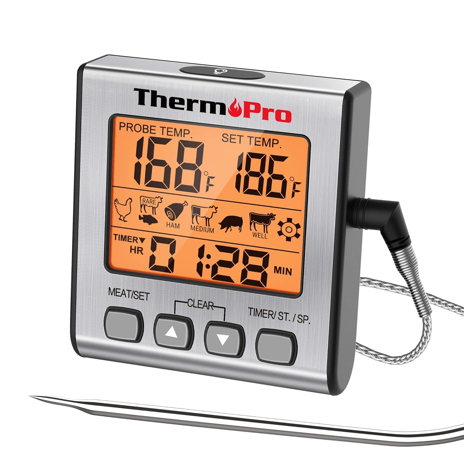 [4美國直購] ThermoPro TP-16S 燒烤用探針式溫度計 -10-300度 溫度顯示 含計時器 背光LCD 廚房烤箱肉類BBQ Grill Thermometer