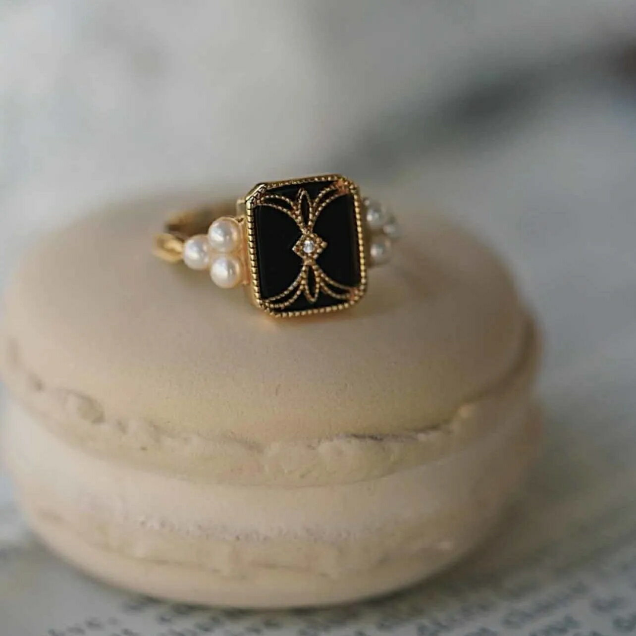 《黑暗系》黑瑪瑙珍珠復古宮廷印章戒指s925銀鍍金原創設計